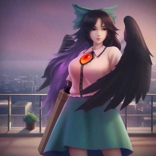 Reiuji Utsuho Character with Black Wings on Urban Rooftop
