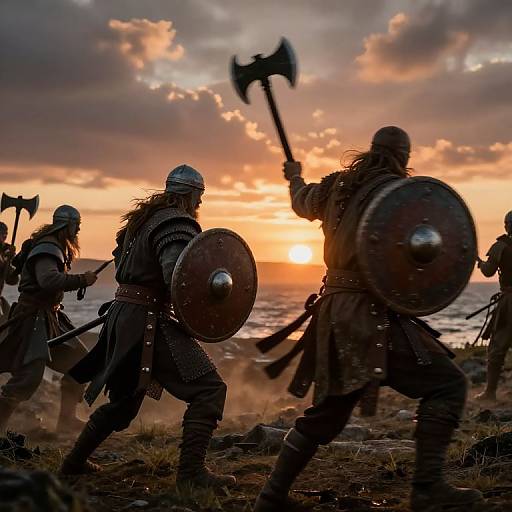 Photograph of silhouetted Viking warriors with helmets, shields, and axes at sunset on a rocky shoreline, holding weapons in battle-ready stances