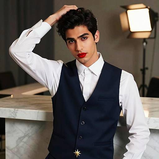 Photograph of a young man with dark hair, red lips, white shirt, black vest, and hand in hair, standing in front of a marble