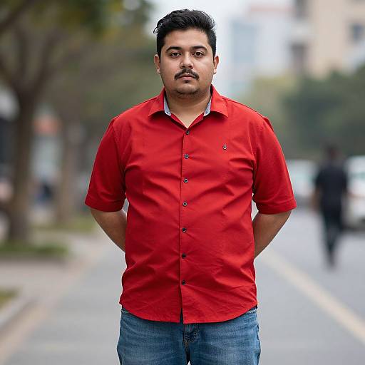 Photograph of a medium-build man with dark hair and mustache, wearing a red shirt and blue jeans, standing on a blurred urban street.