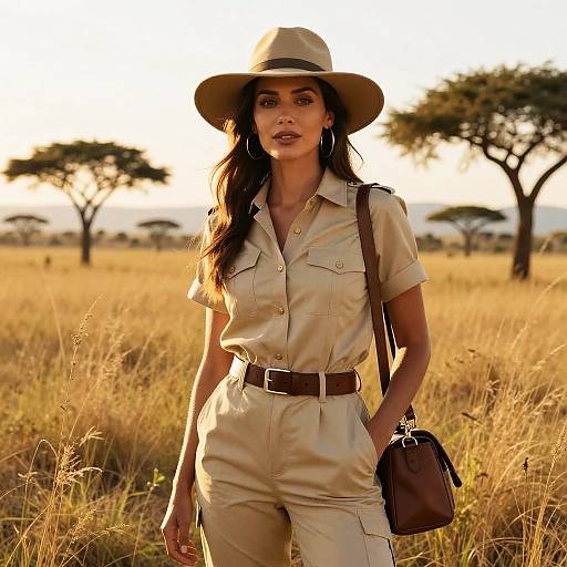 Woman in Safari Outfit in African Savanna
