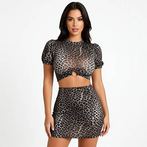 Photograph of a Latina woman with straight black hair, wearing a black and gray leopard print crop top and mini skirt, standing against a white background.
