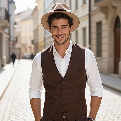 Photograph of a smiling, dark-haired man with a trimmed beard, wearing a beige fedora, white shirt, and brown vest, standing on a
