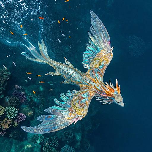 Digital artwork of an ethereal, iridescent fish with ornate, wing-like fins, soaring through a dark blue ocean with colorful coral and small