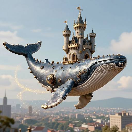 Photograph of a whimsical, steampunk-style castle on a giant, metallic blue whale against a bright, clear sky with a cityscape below