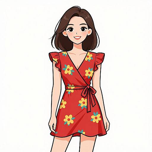 Digital anime-style drawing of a smiling woman with brown hair, wearing a red floral dress with a V-neck and ruffled sleeves.