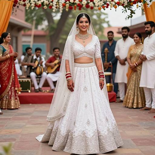 Photograph of a smiling South Asian bride in a white embroidered lehenga and veil, standing center-stage at an outdoor wedding ceremony with guests and floral decorations