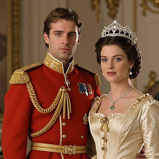 Photograph of a handsome man in a red military uniform with gold epaulettes and medals, standing beside a beautiful woman in an elegant gold dress