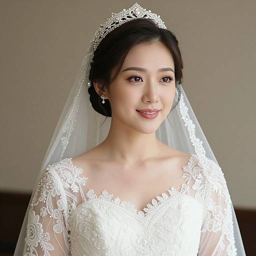 Photograph of an Asian bride with fair skin, dark hair in an updo, wearing an intricate white lace wedding dress and veil, smiling softly,