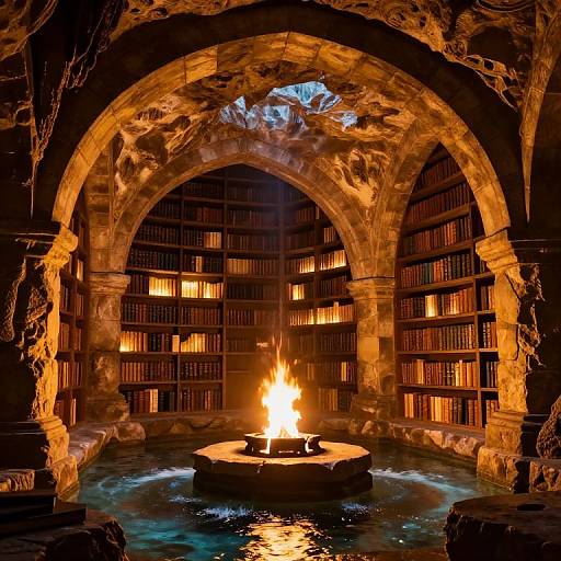 Photograph of a dimly lit, ancient stone library with a central fire, arched ceiling, and shelves of glowing books, reflecting warm light on