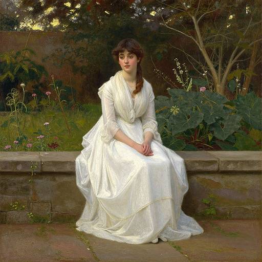 Photorealistic painting of a young woman with fair skin and dark brown hair, wearing a white, flowing dress, sitting on a stone bench in a