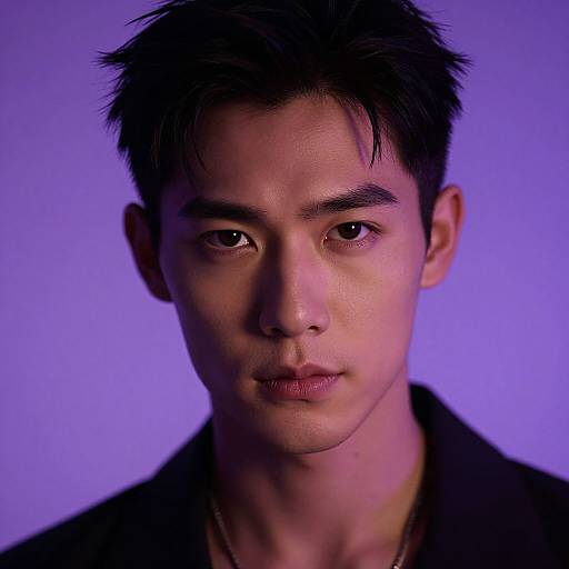 Photograph of an Asian man with short black hair, serious expression, purple background, wearing a black shirt, soft lighting.