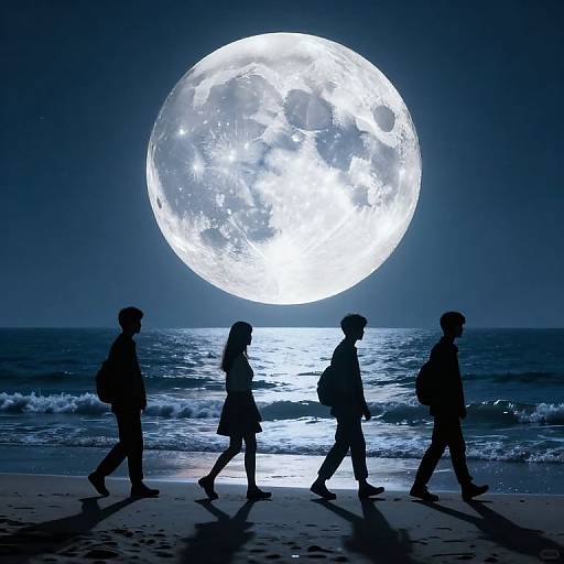 Silhouetted group of four people walking on a moonlit beach with a glowing, detailed full moon in the night sky.