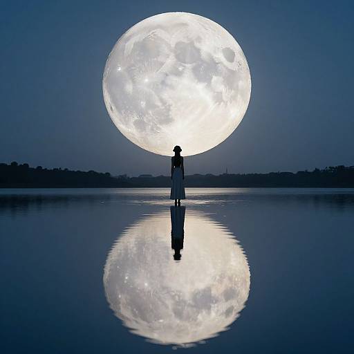Silhouette of a person in a long dress standing in a reflective lake, facing a giant full moon at night.
