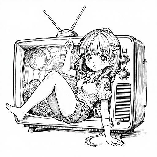 Black-and-white manga-style drawing of a cute anime girl with hair clips, wearing a short-sleeve shirt and shorts, sitting inside a vintage TV