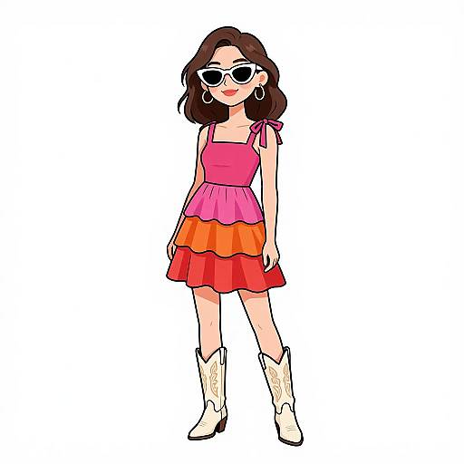 Digital drawing of a young woman with brown hair, wearing black sunglasses, pink sleeveless top, multi-colored ruffle skirt, white cowboy boots, and
