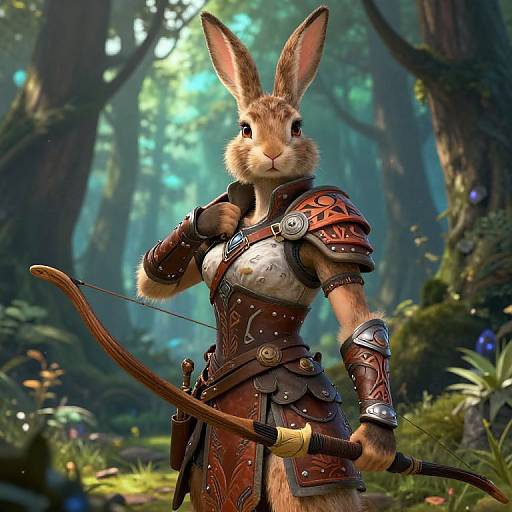 CGI image of an anthropomorphic rabbit warrior in a forest, wearing ornate leather armor, holding a bow, with sunlight filtering through trees.