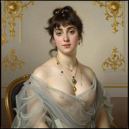 Photorealistic painting of a pale-skinned woman with dark hair in an updo, wearing a sheer, lace-trimmed grey shawl,