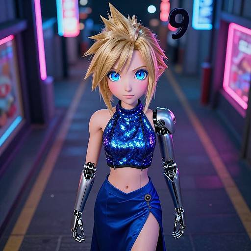 CGI anime-style girl with blonde spiky hair, blue sequin crop top, blue skirt, cybernetic arm and hand, bright blue eyes