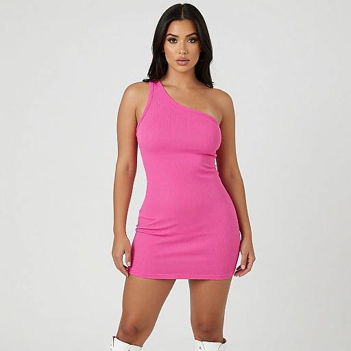 Photograph of a woman with long black hair wearing a bright pink, one-shoulder, ribbed mini dress against a white background.