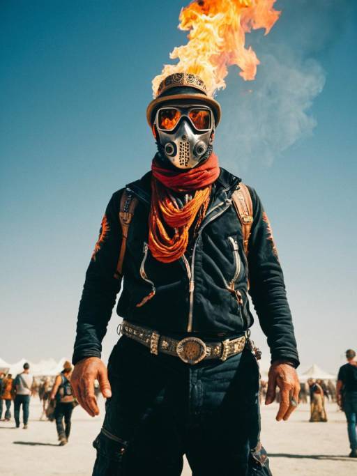 Man in Burning Man Outfit with Flame Effect