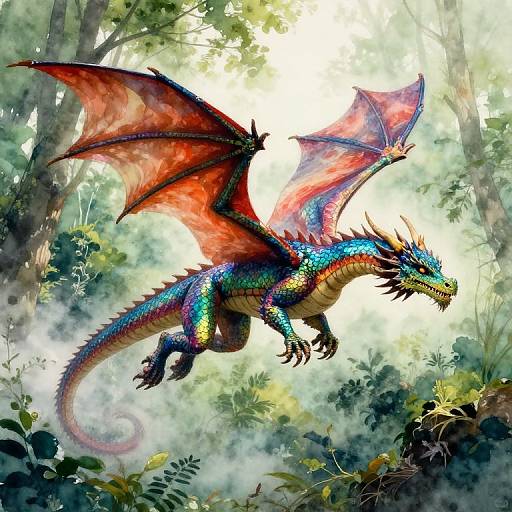 Vibrant digital painting of a red-orange dragon with blue scales and large wings soaring through a misty, lush forest.