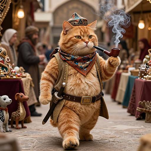 Photograph of a chubby, orange tabby cat dressed as a medieval merchant, smoking a pipe, walking through a bustling, colorful marketplace.