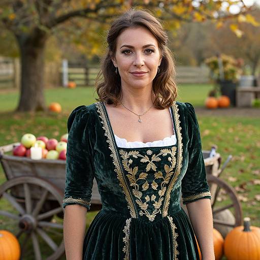 Photograph of a smiling woman with brown hair in an ornate green velvet Renaissance-style dress, standing outdoors near a wagon filled with pumpkins and autumn