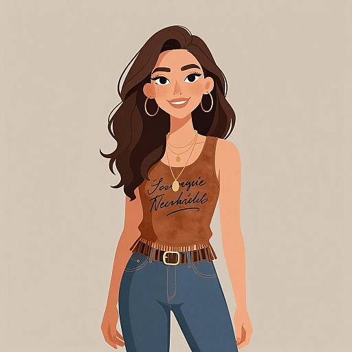 Digital illustration of a smiling woman with long brown hair, wearing a brown tank top with 
