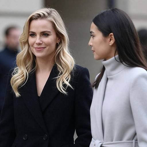 Photograph of two women; blonde in black coat, smiling, with wavy hair, and brunette in white coat, looking ahead. Background blurred.