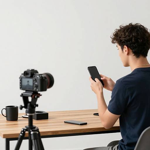 Photograph of a curly-haired man in a black t-shirt, filming with a tripod camera, holding a tablet, white background, wooden table with cups