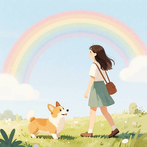 Joyful Woman and Corgi by Rainbow