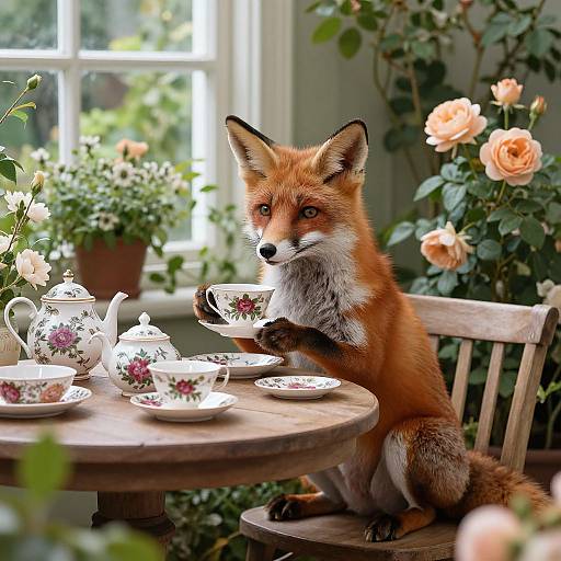 Photograph of a red fox with orange fur and white chest, sitting on a wooden chair, holding a floral teacup, surrounded by a vintage