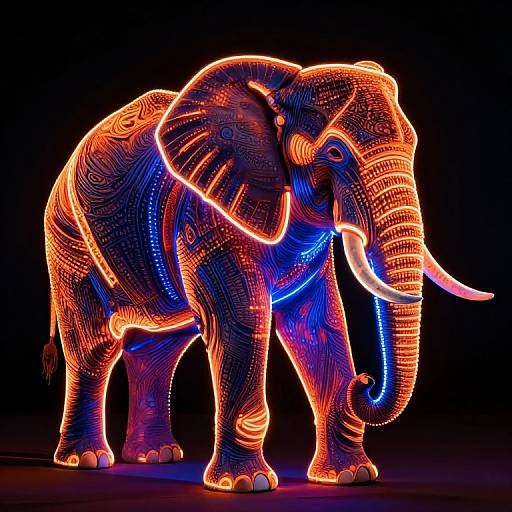 Vibrant neon-lit elephant sculpture with orange and blue lights, detailed with intricate patterns, standing against a black background.