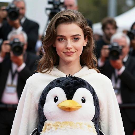 Photograph of Emma Stone wearing a white penguin costume with black head and yellow beak, smiling, surrounded by photographers.