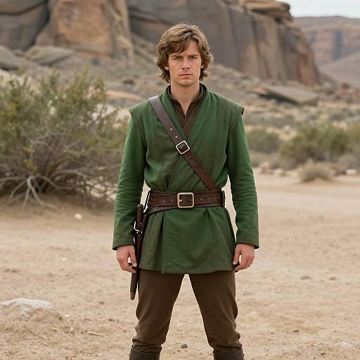 Young Man in Green Jedi Outfit in Desert