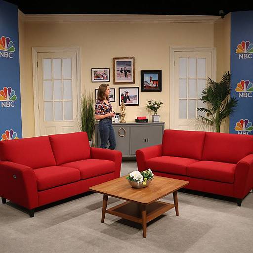Photograph of a TV studio set with two bright red sofas, a wooden coffee table, and a woman standing behind a gray cabinet, framed photos on
