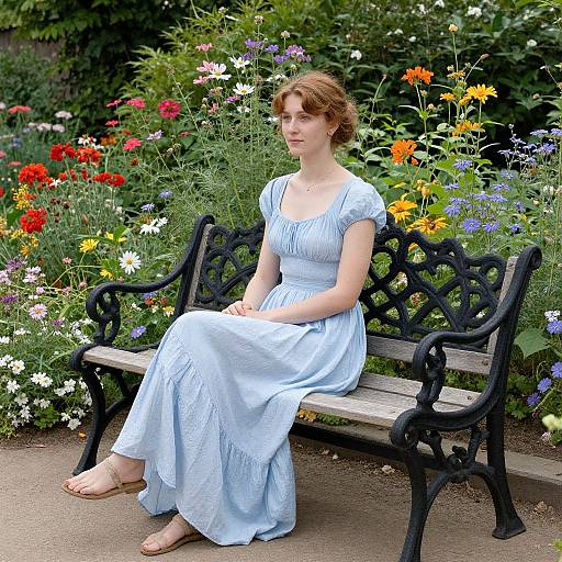Photograph of a fair-skinned woman with brown hair, wearing a light blue dress, sitting on a black iron bench amidst a vibrant garden with colorful