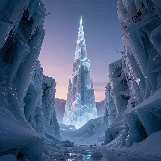 CGI image of a glowing blue futuristic spire surrounded by icy, crystalline rock formations under a twilight sky.