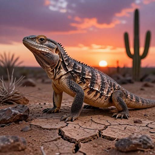 Photograph of a textured, striped iguana on cracked desert ground at sunset, with a cactus and vibrant orange-pink sky.