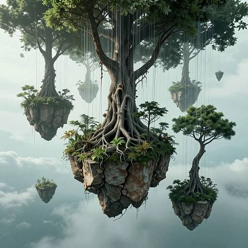 Fantasy digital art of floating trees with roots hanging below, surrounded by misty clouds and smaller floating islands, with rain dripping from the branches.