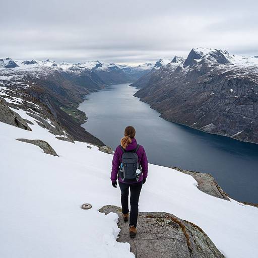 Photograph of a woman with a ponytail, purple jacket, and gray backpack standing on a snowy cliff, overlooking a winding, mountainous lake.