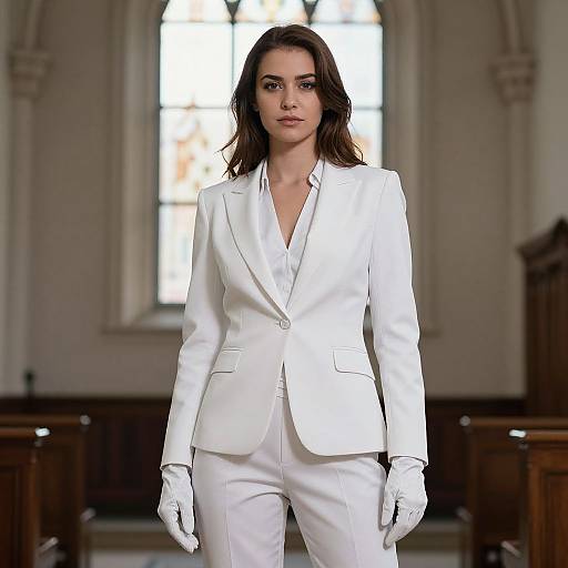 Photograph of a serious-looking woman with shoulder-length brown hair, wearing a white blazer and pants, white gloves, and standing in a dimly