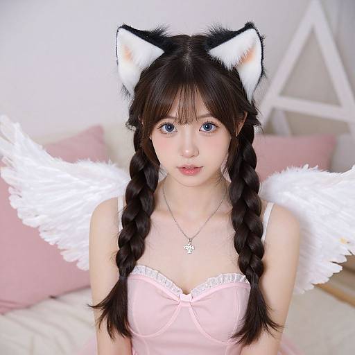 Young Woman with Angel Wings and Cat Ears