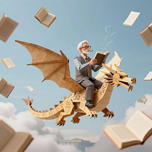 Digital illustration of an old man with glasses, in a suit, riding a paper dragon, soaring through a bright blue sky filled with floating books.