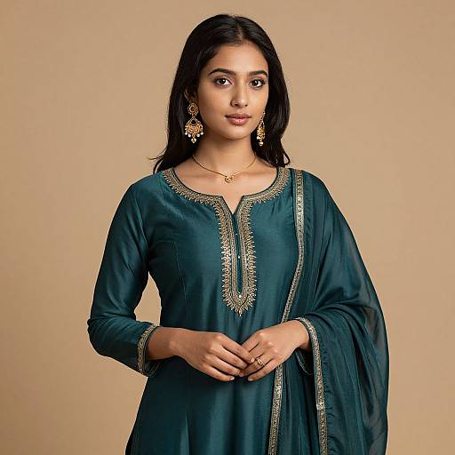 Photograph of a young South Asian woman with medium brown skin, black hair, wearing a teal traditional kurti with gold embroidery, and matching gold