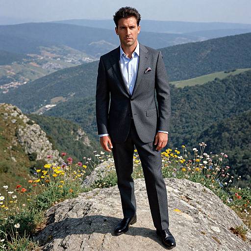 Photograph of a handsome man in a dark gray suit standing on a rocky mountain peak, surrounded by wildflowers and a lush, green valley in the