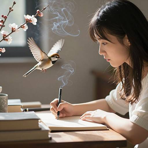 Photograph of an Asian woman with black hair writing in sunlight, a small bird mid-flight above her, smoke curling from her pen, cherry blossom