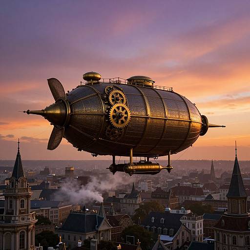 Steampunk airship with golden rivets and propellers soaring above a cityscape at sunset, with orange and purple skies. Photographic style.
