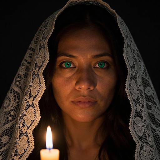 Photograph of a woman with striking green eyes, wearing a white lace veil, illuminated by a single lit candle in a dark background.